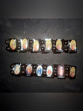 Religious Metallic Black Beaded Bracelet with Color Icon Inlays